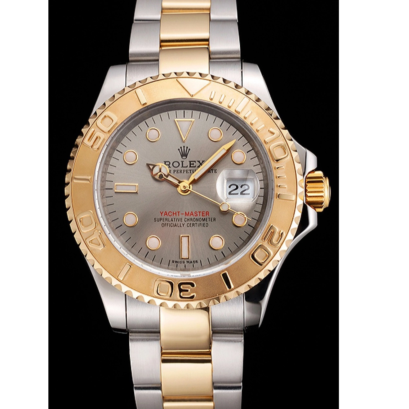 Aaa replica watch Two Dial Rolex Case Swiss Steel Tone Dial Stainless Gold Yacht-Master Gray Bezel 0525